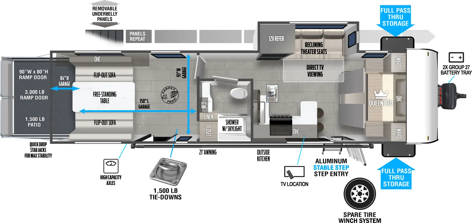 The Wildwood FSX 290RTK floorplan is a toy hauler that has two entries and one slide out. Exterior features include: metal exterior and outside kitchen. Interiors features include: front bedroom.